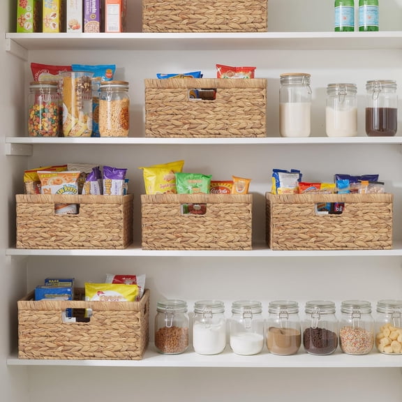 Large Rectangular Wicker Basket, Water Hyacinth Storage Basket with Built-in Handles