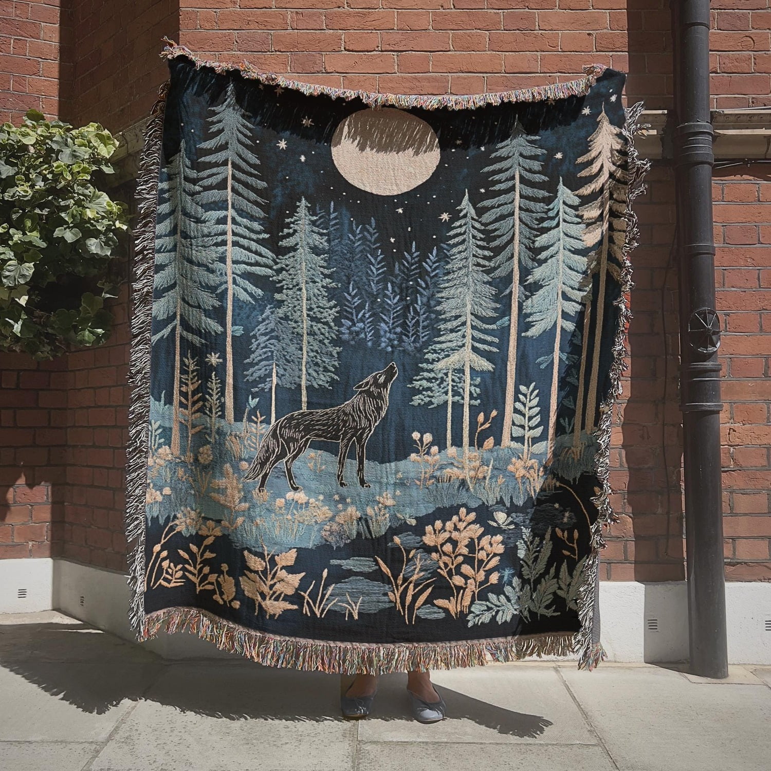 Moonlit Wolf and Pine Forest Navy Blue Woven Blanket 100% Cotton Woodland Style for Living Room or Bedroom