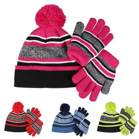 SPRING PARK 1 Set Boys Kids Stripe Knitting Winter Hat and Gloves Set Kids Warm Knit Beanie Hat Gloves Scarf Set