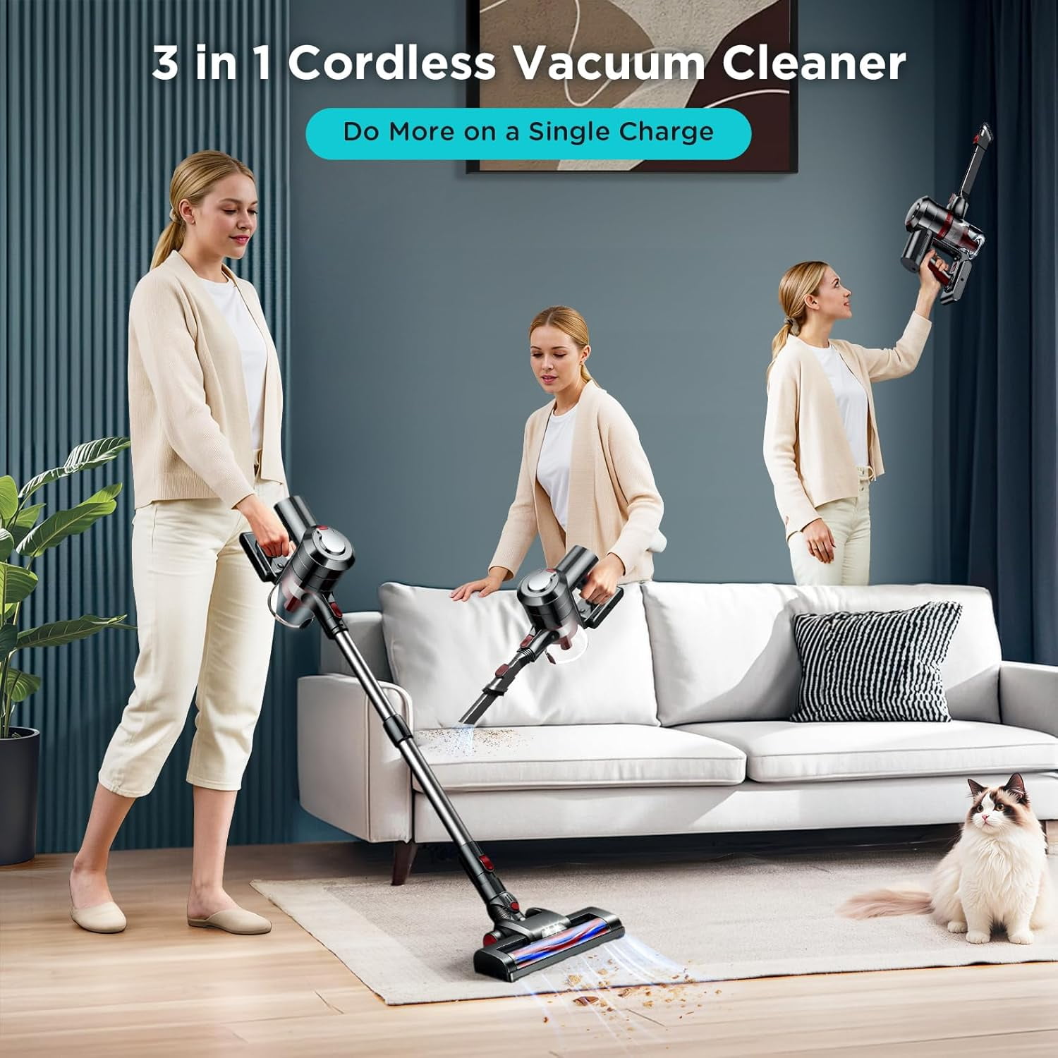 KANFUAQ Cordless Vacuum Cleaner, 38KPA/450W 50Min 2500mAh Stick Vacuum for Home Pet Hair Carpet Hardwood Floor
