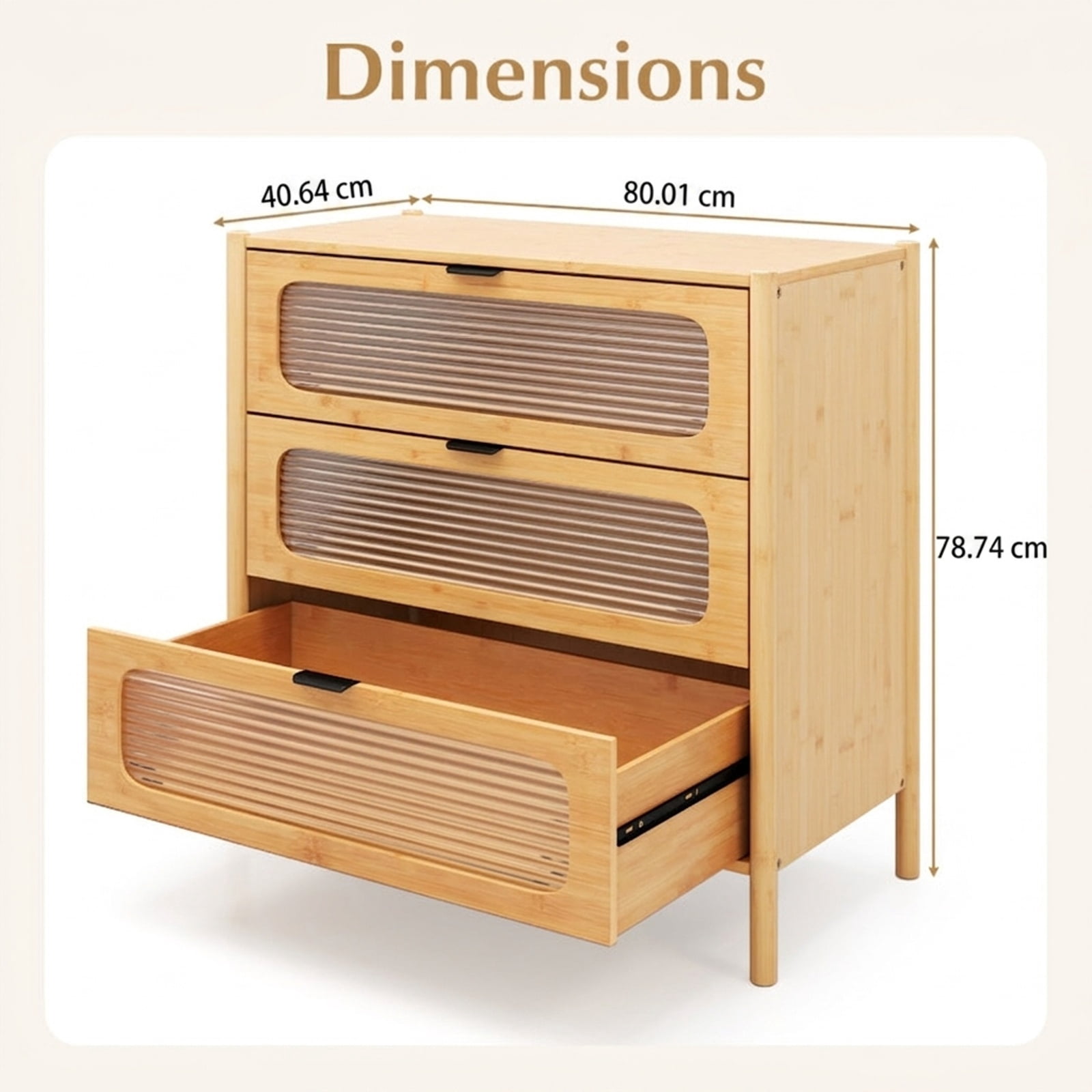 Furnibear 3 Drawer Mid Century Modern Chest of Drawers with Reeded Tempered Glass Front and Bamboo Frame for Bedroom Living Room, Natural