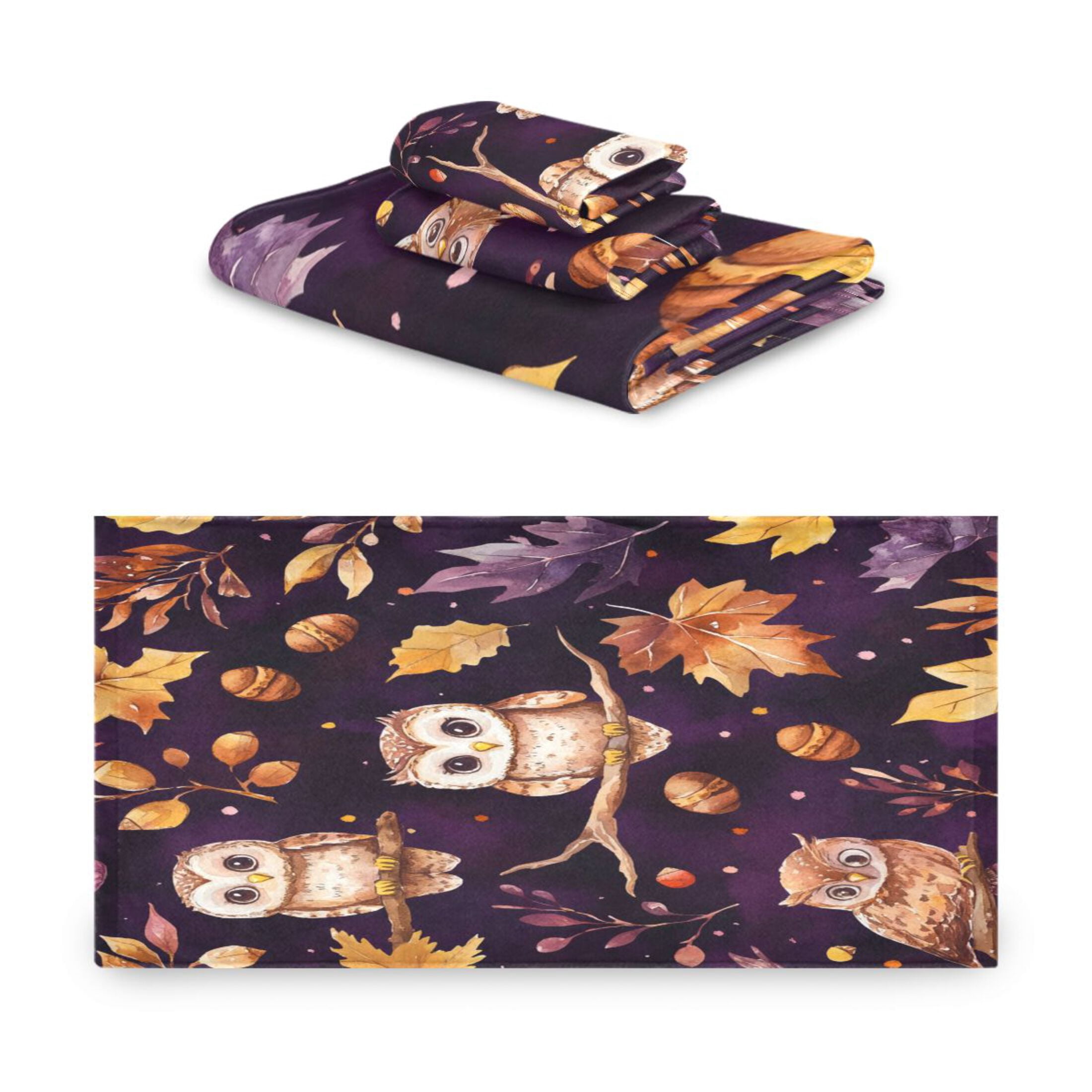 WOBOGO Adorable Baby Owls and Acorns Pattern Ultra Soft 3 Pack Cotton Towel Set for Everyday Use Lightweight and Compact