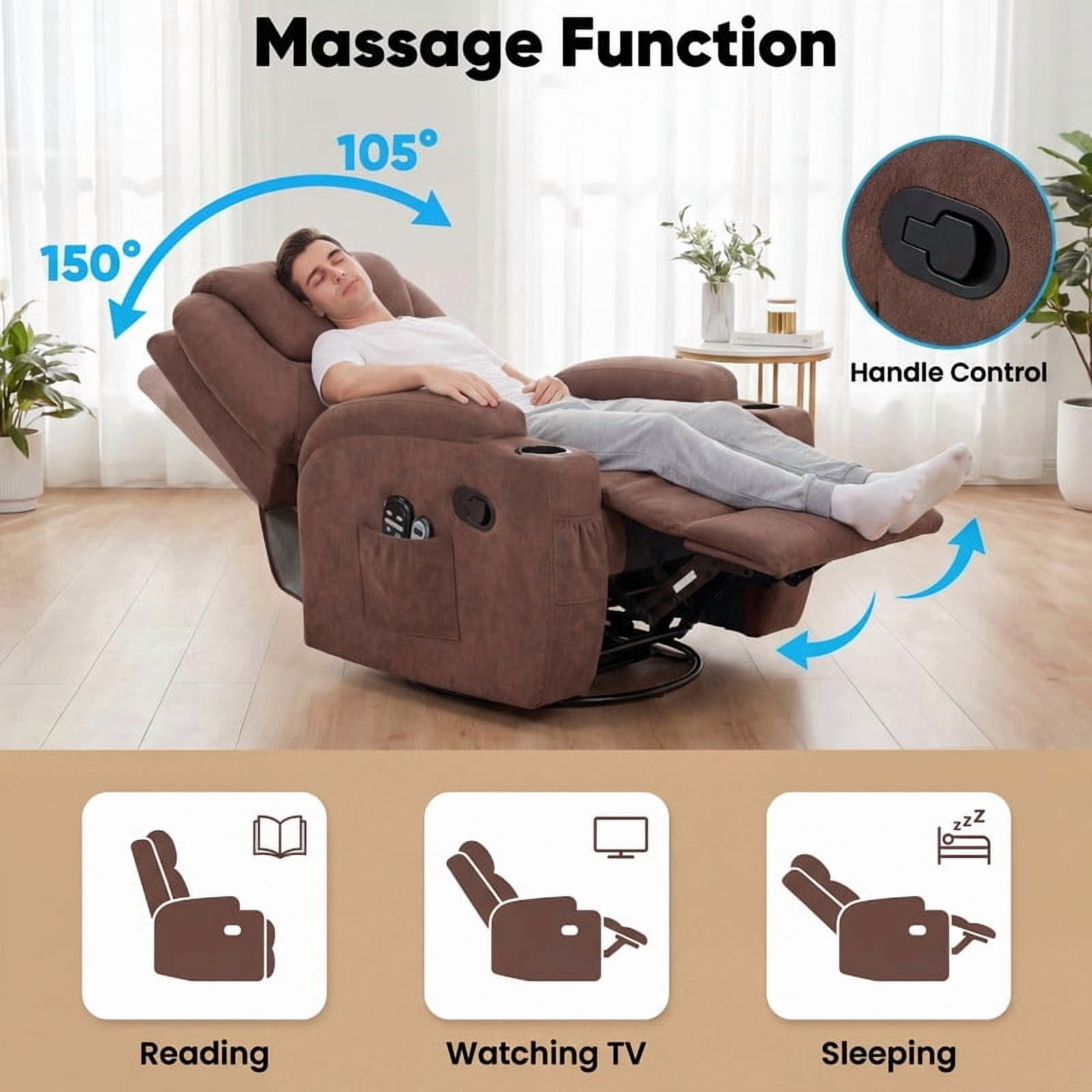 Lacoo PU Leather Swivel Rocker Recliner with Massage for Living Room Small Spaces Lounge Recliner Chair with Side Pockets for Adults,Linen Brown