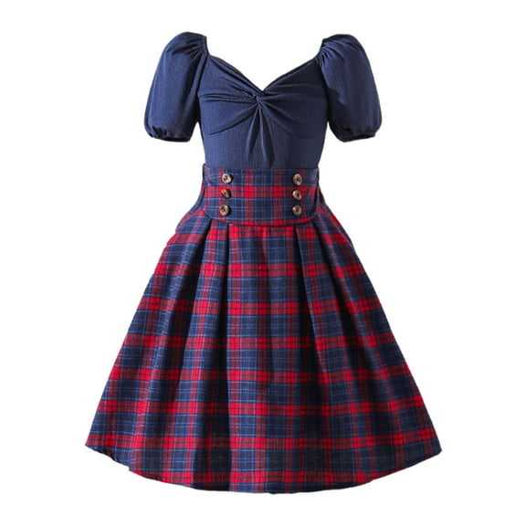 TOOYOU Girls Summer Outfit Sets Color Block Plaid Skirt With Knot V Neck Short Sleeve Top Outfit Set Girls School Uniform Sets Size 10 Years Blue
