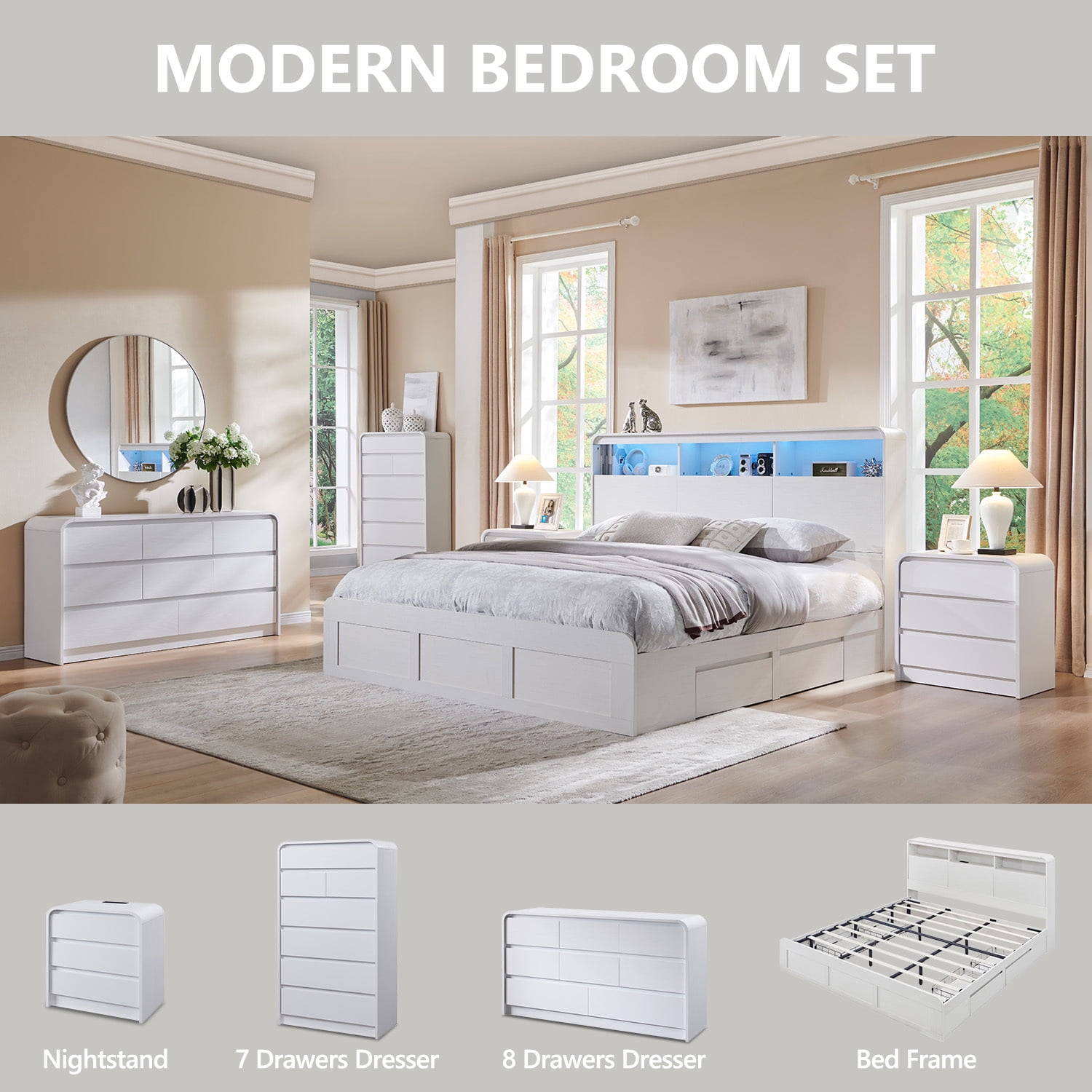 wow97e Modern Nightstand with Charging Station, 3 Drawer Wood Bedside Table w/Curved Profile Design for Bedroom