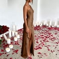 thumbnail image 5 of BRGZLK Women's One Shoulder Dresses High Split Bodycon Ruched Satin Prom Dress Asymmetric Hem Cocktail Wedding Party Maxi Dress Date Night Outfits Brown L, 5 of 6
