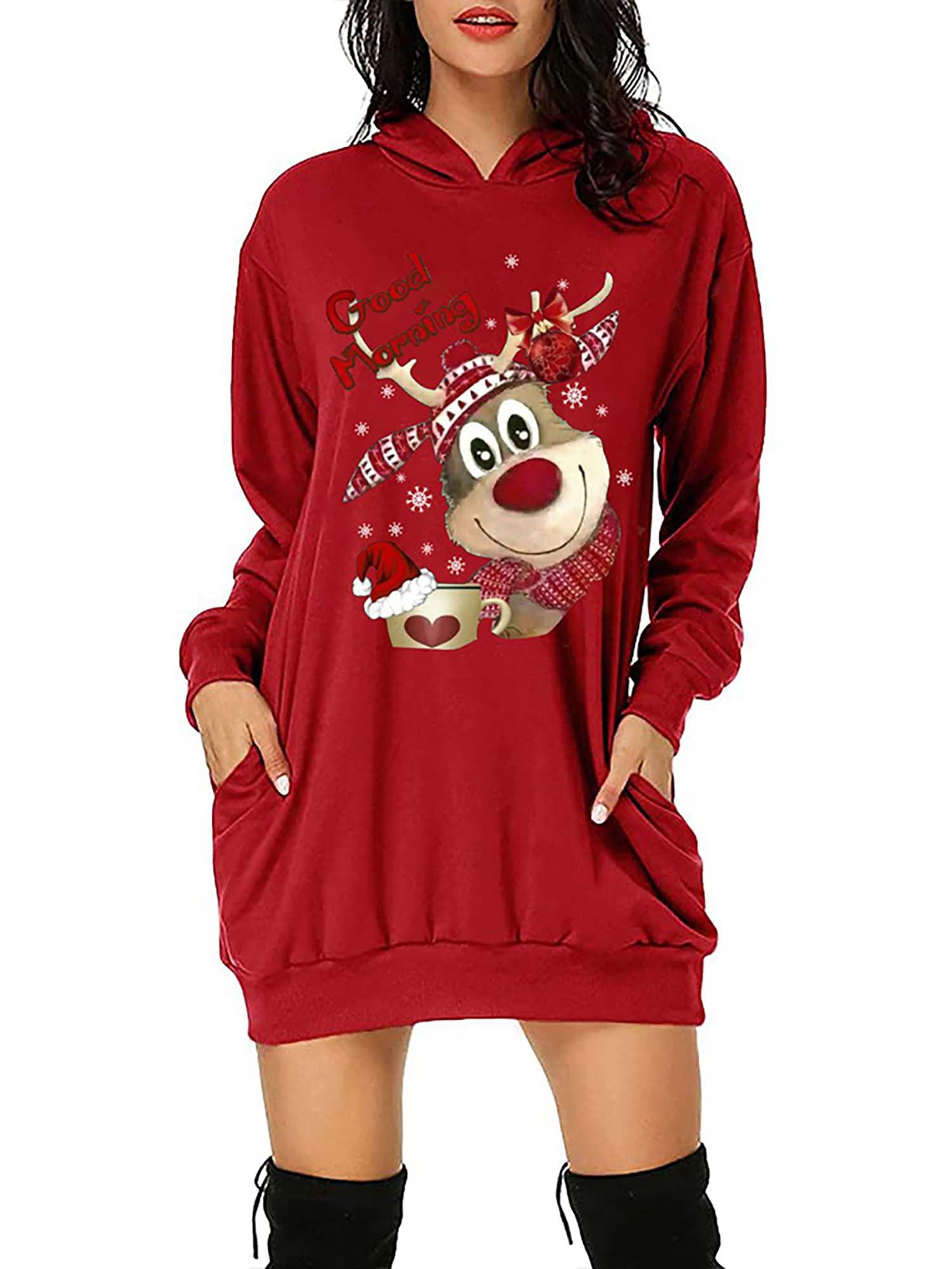 Skksst Womens Merry Christmas Hooded Sweatshirt Jumper Xmas Printed Mini Dress, Women's, Size: Large, Red