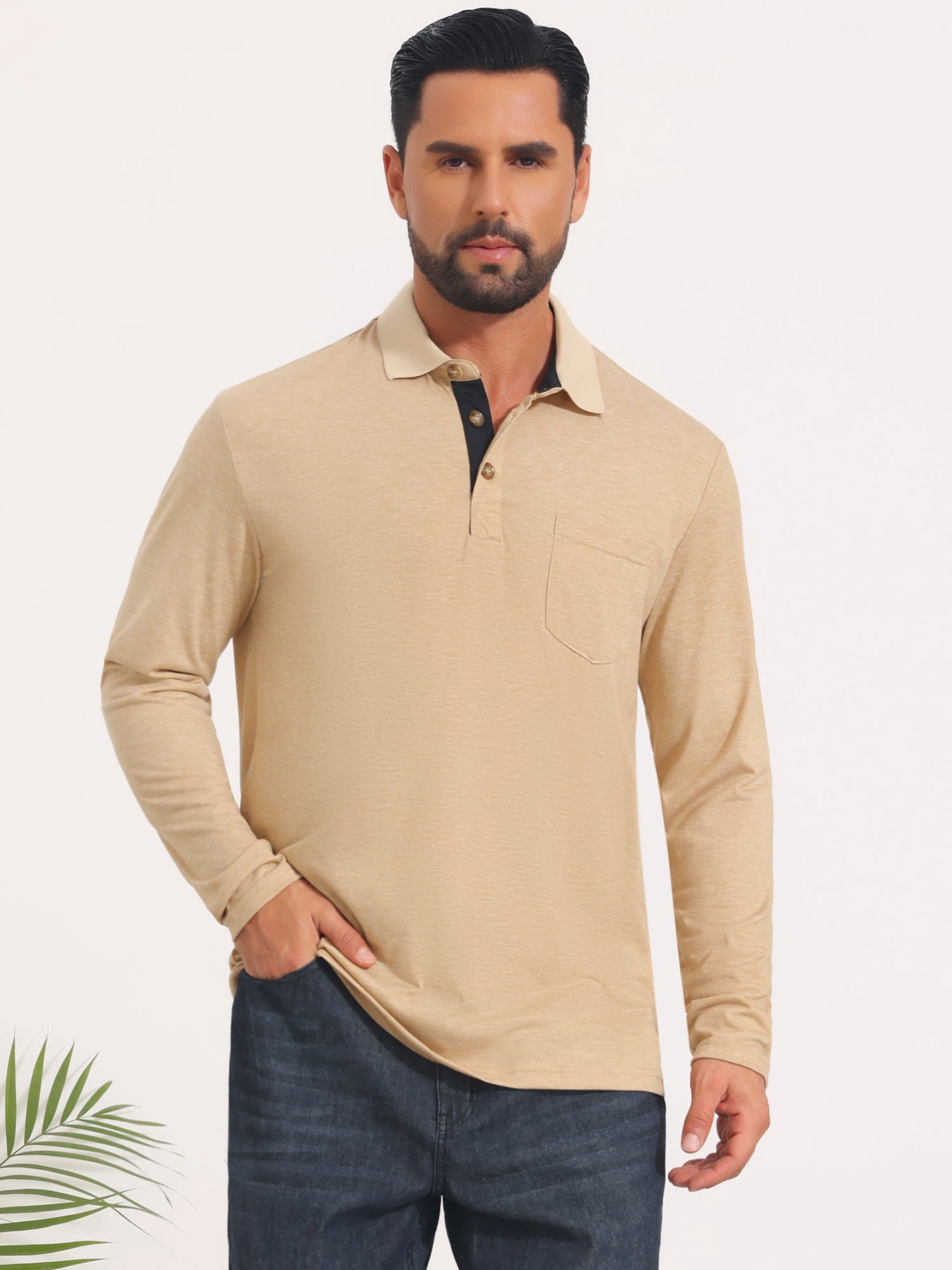 DARING DIVA Men's Contrast Button Collared Long Sleeves Golf Polo T-Shirts L Beige