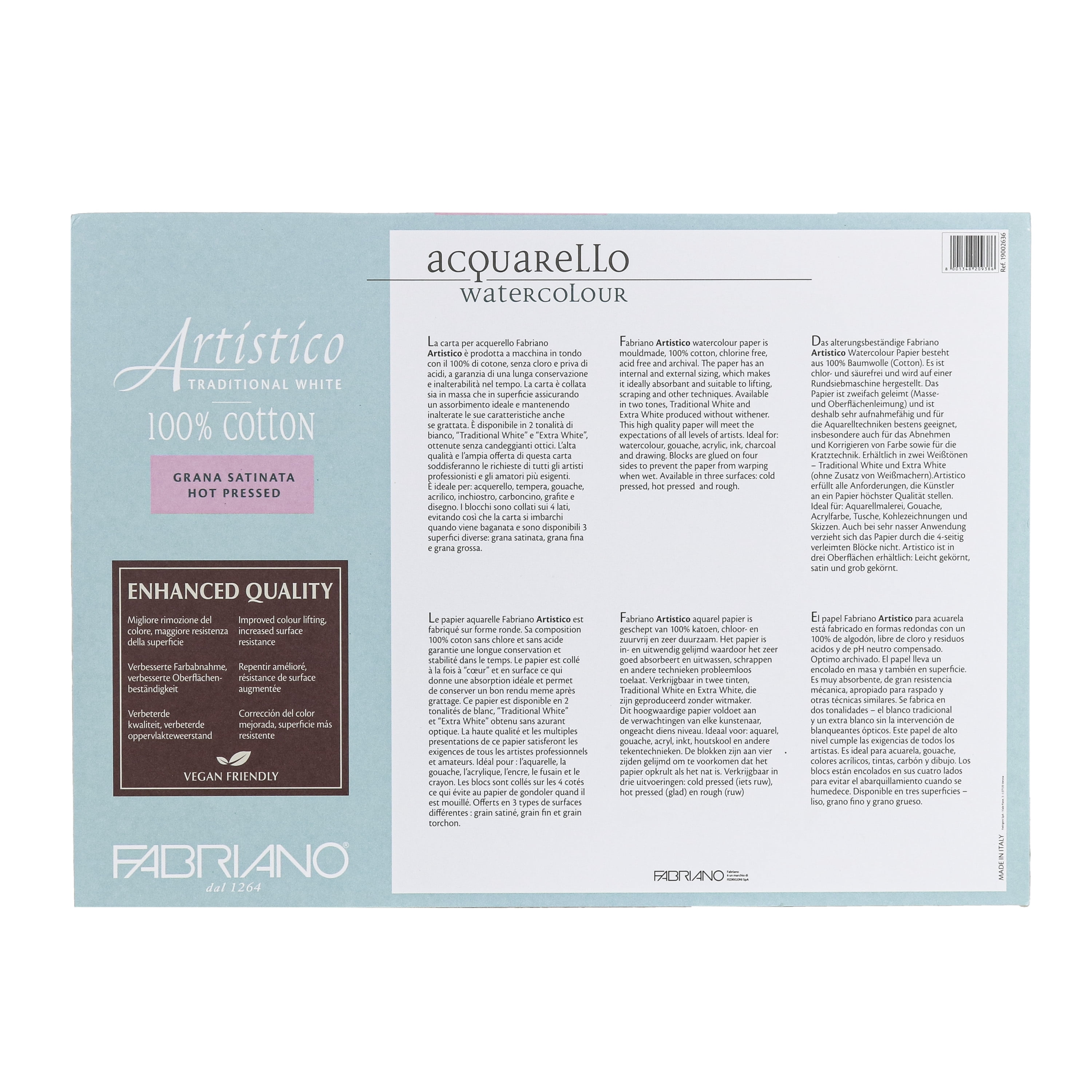 Fabriano Artistico Traditional White Watercolor Block, 140 lb./300 gsm, Hot Press, 20 Sheets, 10" x 14"