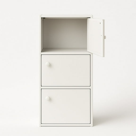 3-Tier White Bookcase with Doors – Matte Finish Vertical Storage Shelf by PJ Furniture