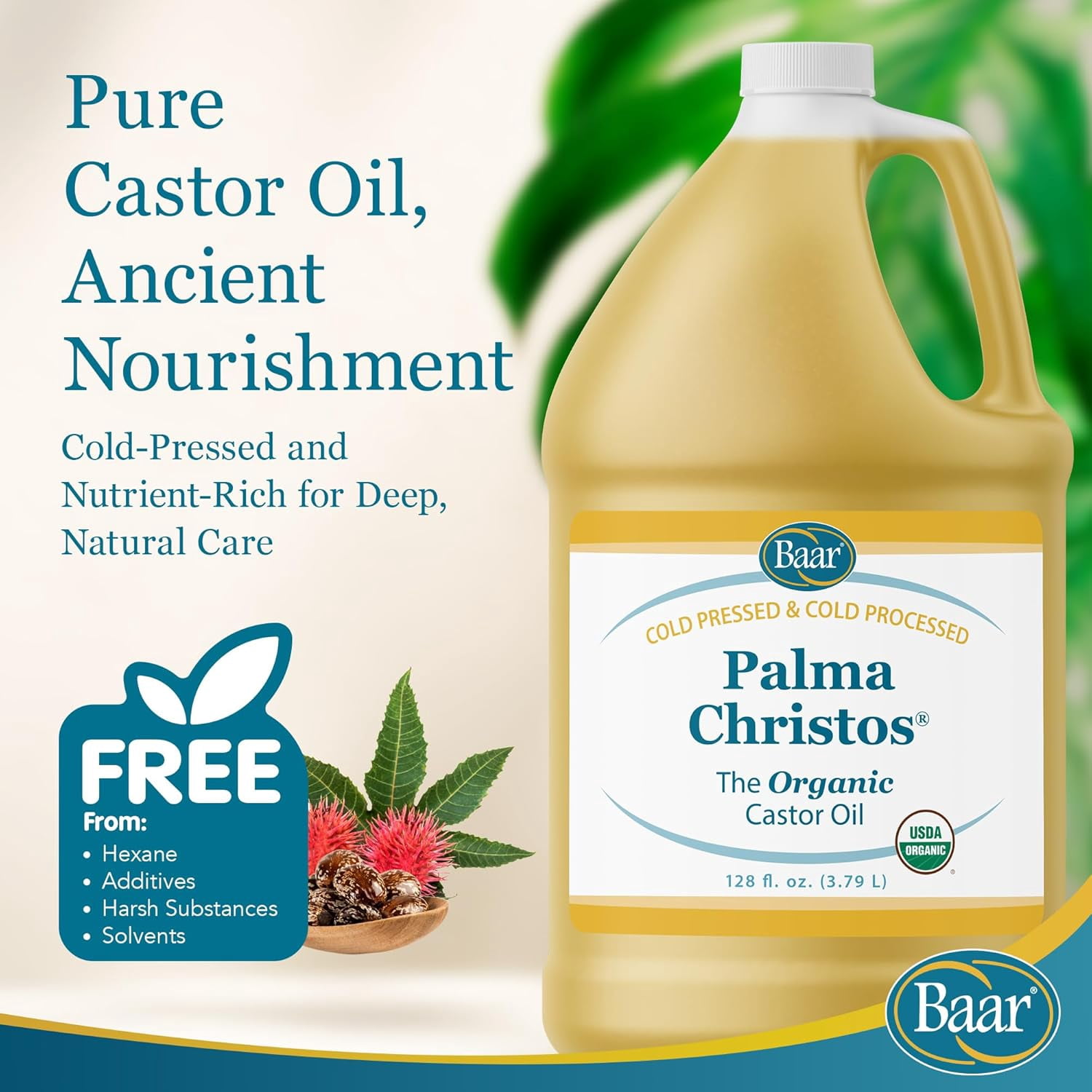 Organic Palma Christos Castor Oil - Gallon Castor Oil for Hair, Eyelashes, Eyebrows, Skin, Eliminations, and Many More! - Exclusive Palma Christos® Brand by Baar