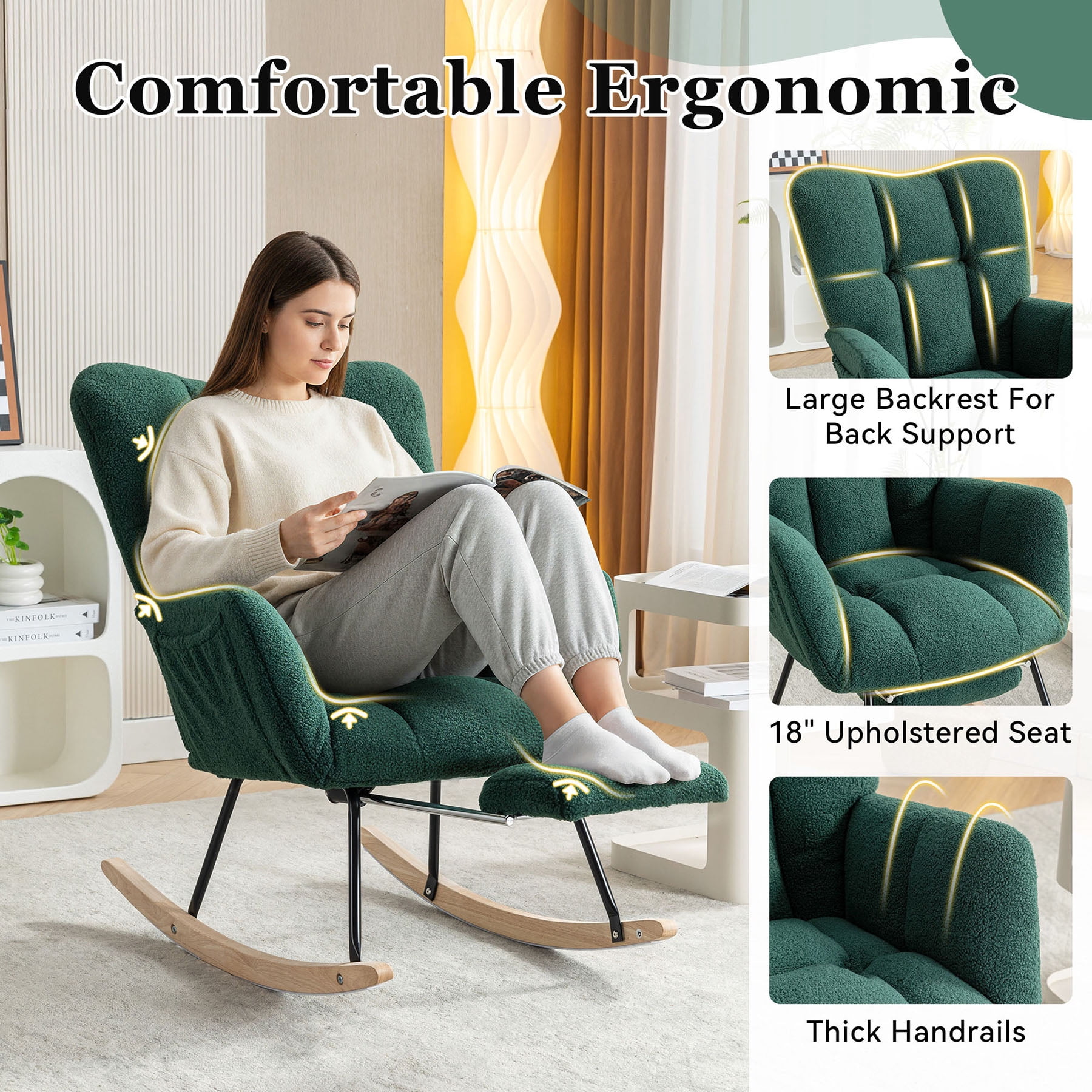 S-HOME Teddy Fabric Rocking Chair with Adjustable Footstool, High Backrest and Storage Pocket for Versatile Indoor Use, Green