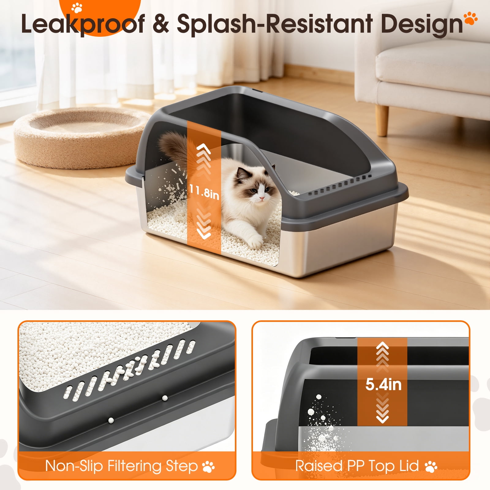Euqvunn Stainless Steel Litter Box XL for Large Cats, Metal Cat Litter Box with Lid and High Sides, Leakproof, Non Stick, Easy to Clean, Scoop Included