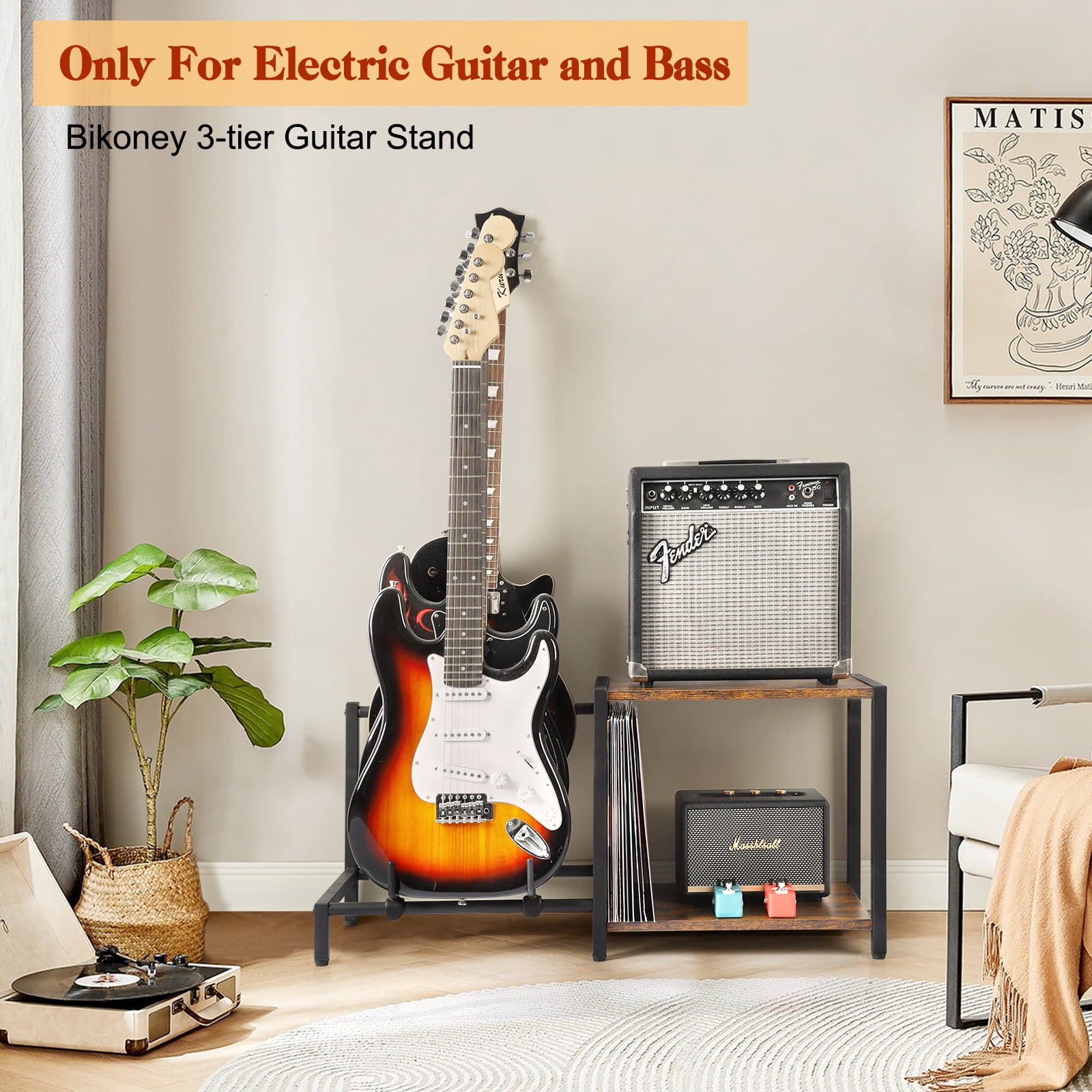 Olakee 3-Piece Floor Guitar Stand with Amp Support, Adjustable for Multiple Electric Guitars and Accessories, Wood & Metal, Black & Brown