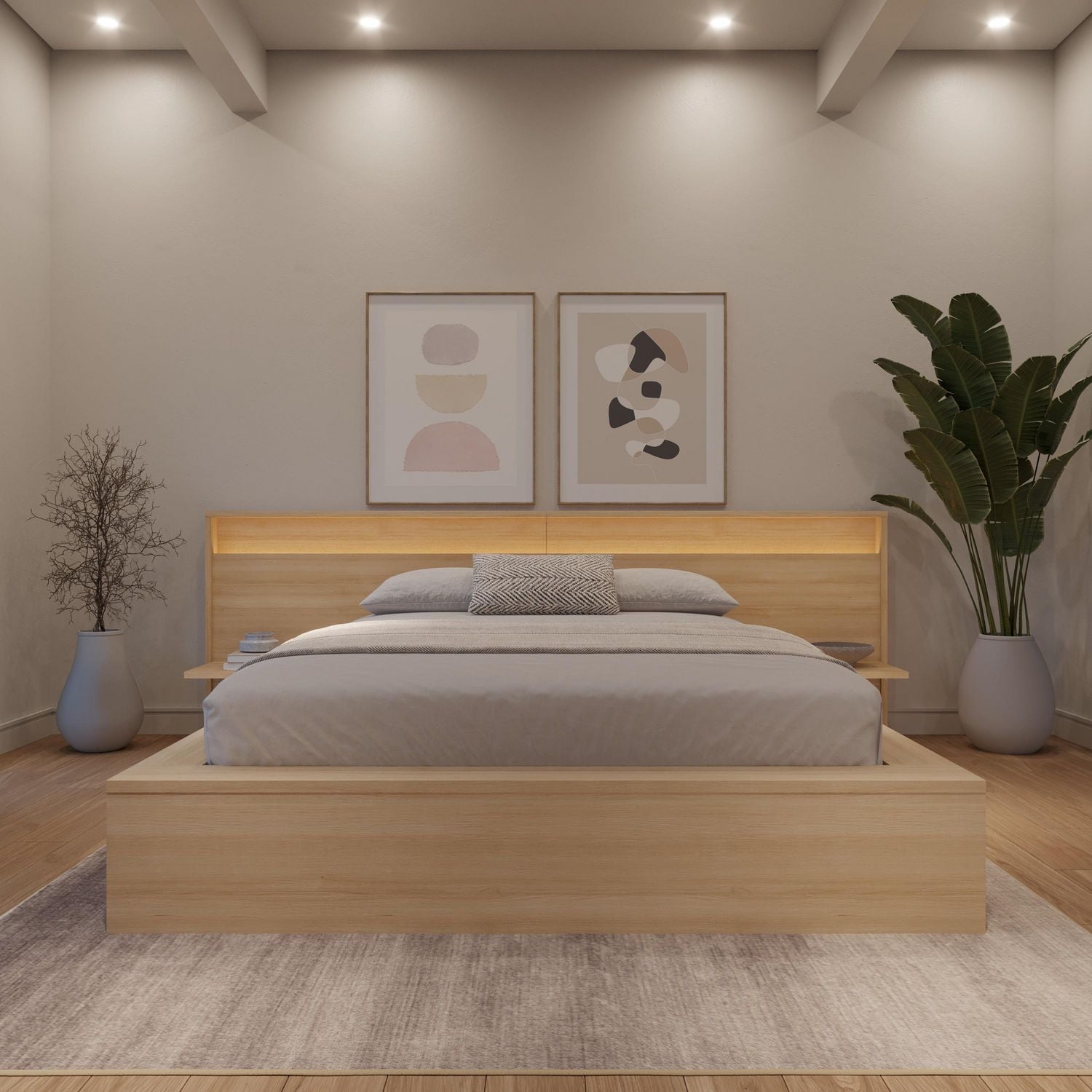 Luna Bedroom Set with Slatted Bedframe, Wide Headboard with Lights and Shelves