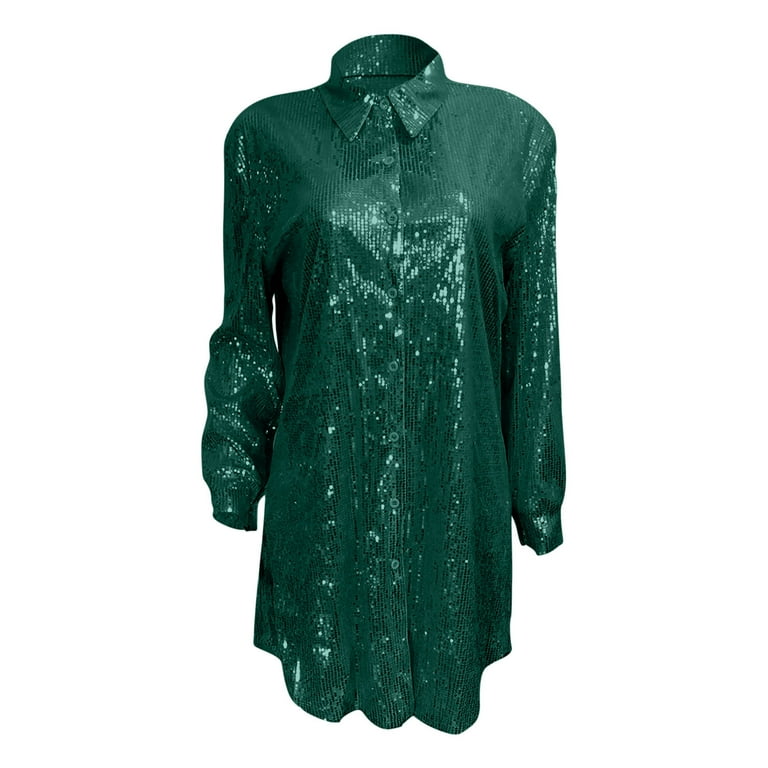 BLTIBY Women's Sequin Button Down Shirt Dress Solid Color Long Sleeve Loose  Fit Blouse Top Mini Dress Party Clubwear Green L - Walmart.com