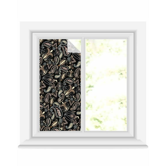 Window Privacy Film Boho Black Floral Stained Glass Window Film Decorative Sun Block Window Cover Farmhouse Botanical Vintage Paisley Flower Window Clings Static Sticker for Bathroom 19.6"x39.3"
