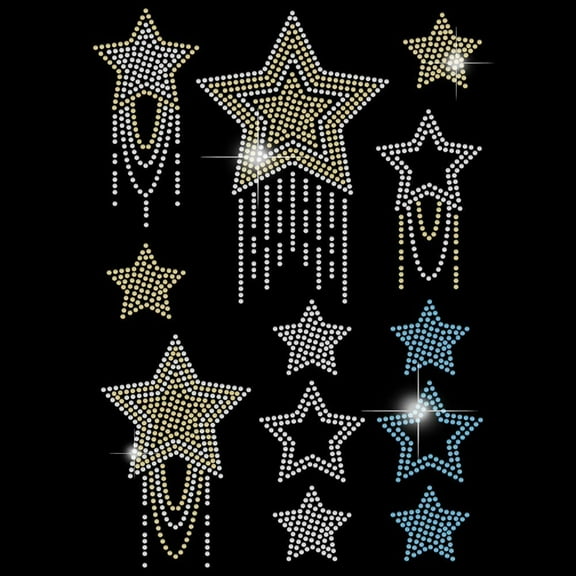 Iron on Rhinestones Transfer Tassel Stars Bling Decals T-Shirt 4 Styles 12PCS Stars Pentagram Heat Transfer Hot Fix Stickers Decor for Women Clothing Tote Bag DIY Art Craft