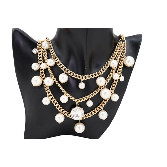 Women Fashion Jewelry Gold Metal Chain Pearl Beads 3 Strands Necklace Weekend