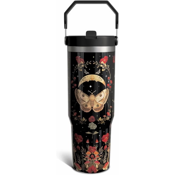 Poppy Flower Gifts 30 Oz Tumbler with Top Handle and Flip Straw, Black Moth Stainless Steel Insulated Water Bottle Cup, Floral Lover Birthday Gifts for Women Girls