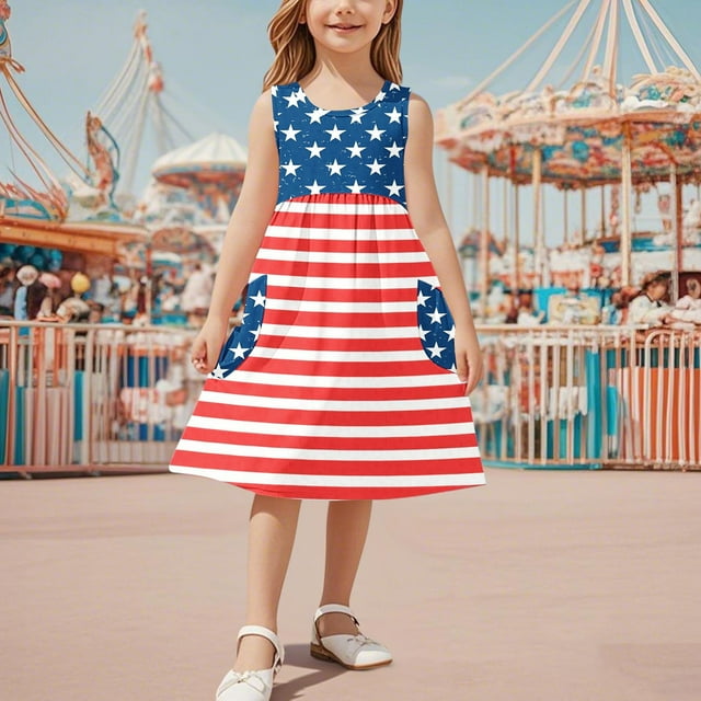 MKOSPLRT 3-14 Ans Robes du 4 Juillet pour Filles Sans Manches Col Ras du Cou Robe Midi Fête de l'Indépendance Patriotique Robe Trapèze avec Poche