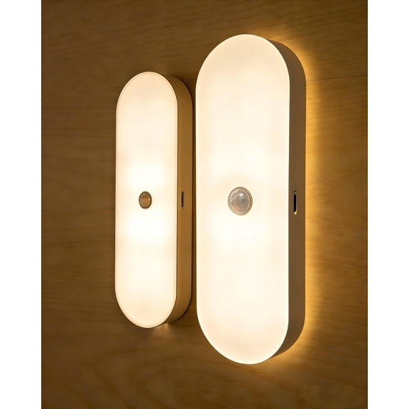 Rechargeable Night Light with Motion Sensor Battery 2 Pack- Portable Mini Stick-on Stick-on Warm White LED - for Bathroom, Bedroom, Kitchen, Cabinet, Stairs, Hallway