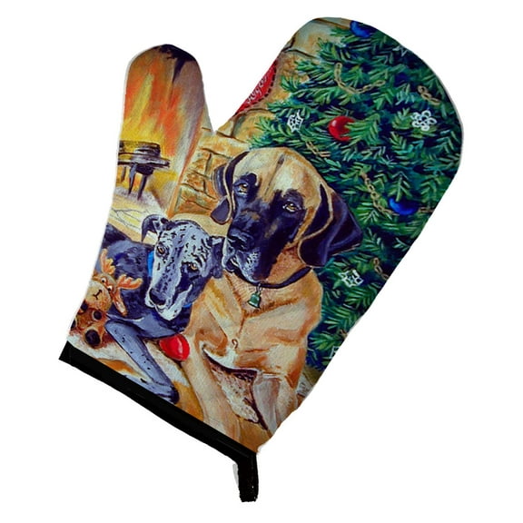 Fawn and Blue Great Dane waiting on Christmas Oven Mitt