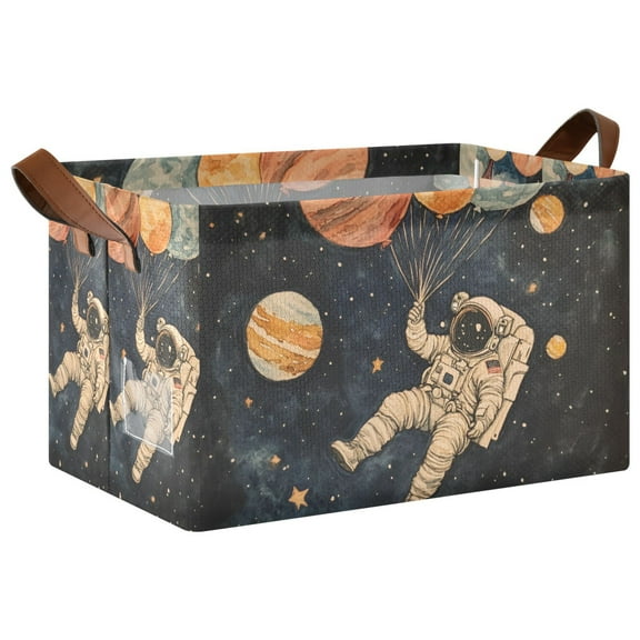 Yayeee Foldable Storage Basket for Shelves with Handles Waterproof Cloth Bins, Retro Watercolor Planet