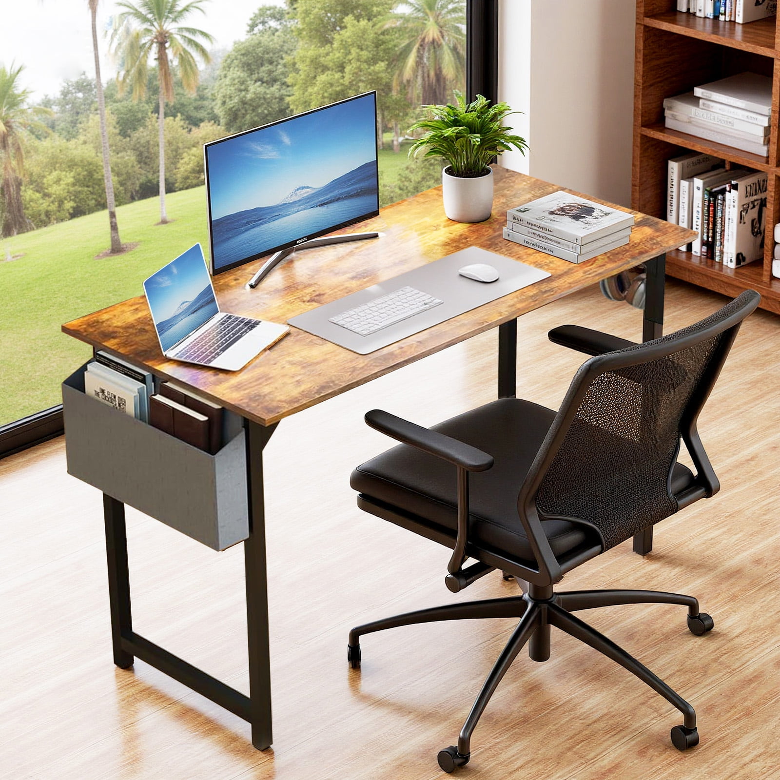 Atilioo 47" Sturdy Computer Desk, Ergonomic Work Study Writing Table with Storage Bag & Iron Hook, Rustic Brown