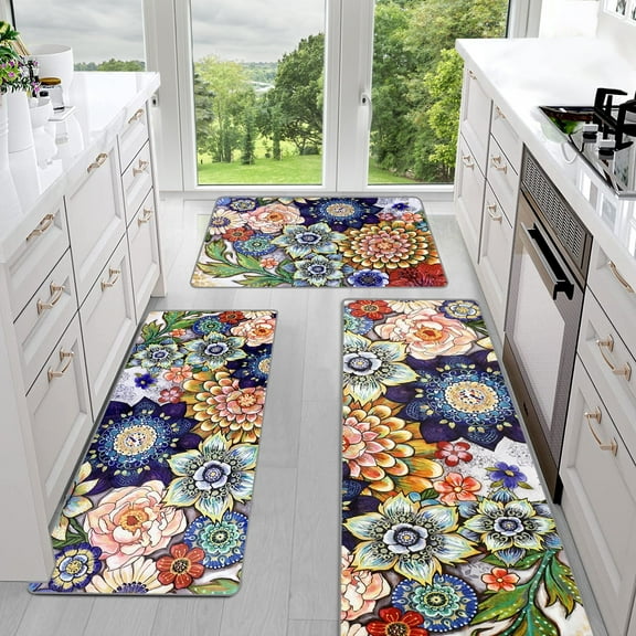 Sofort Kitchen Rugs Sets of 3, Boho Non Slip Washable Kitchen Mats for Floor Floral Rugs for Kitchen Floor, Hallways, Entryway, Laundry