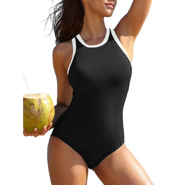 Color Blocked One Piece Zip Monikini Swimwear for Womens Tummy Control Swimsuit
