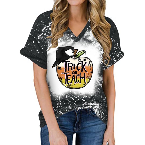 Camiseta con cuello en V para mujer Camiseta con estampado de Halloween Camiseta de manga corta Tops Pompotops hkajfhjk473063