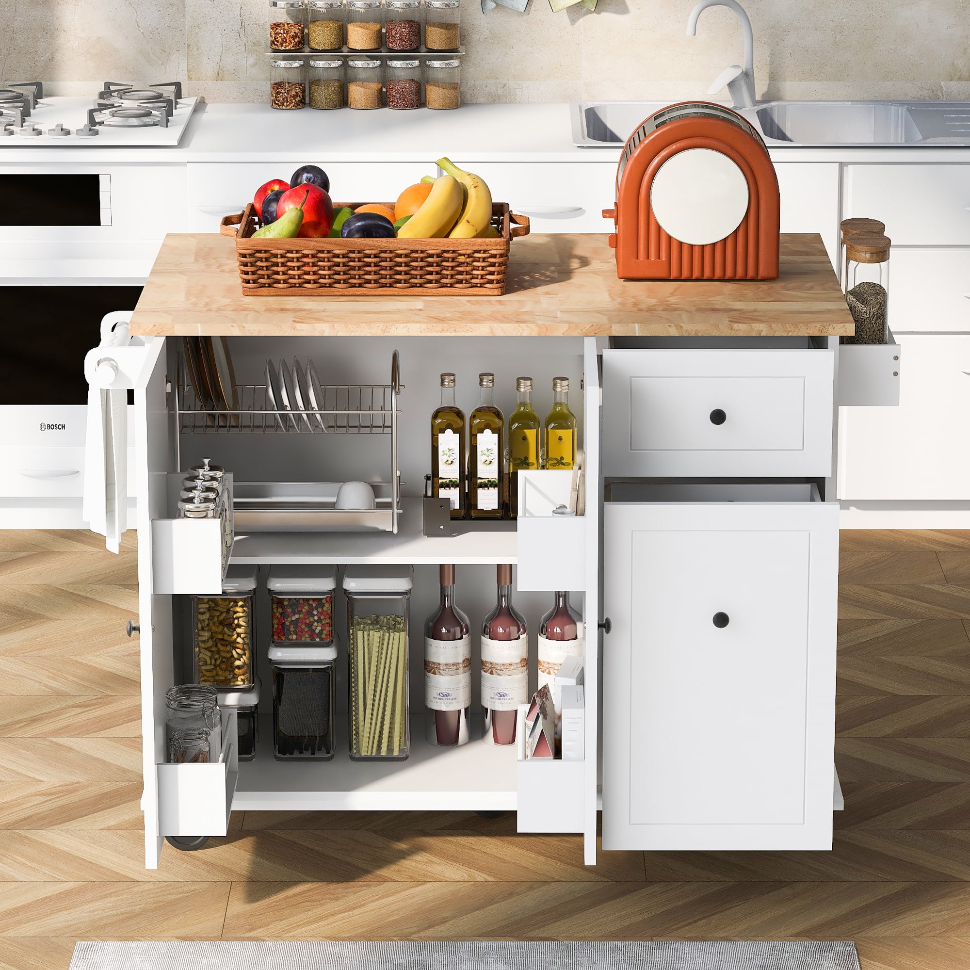 DEALTOPS Kitchen Island with Drop Leaf, 53.9" Rolling Kitchen Cart on Wheels with Storage Rack and Pull Out Cabinet Organizer-White