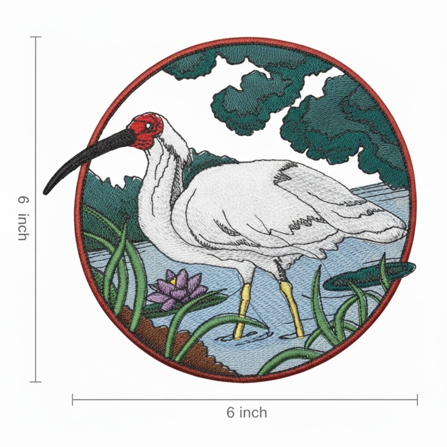 Crested Ibis in Circle Embroidered Iron on/Sew Patch [6" X 6"]