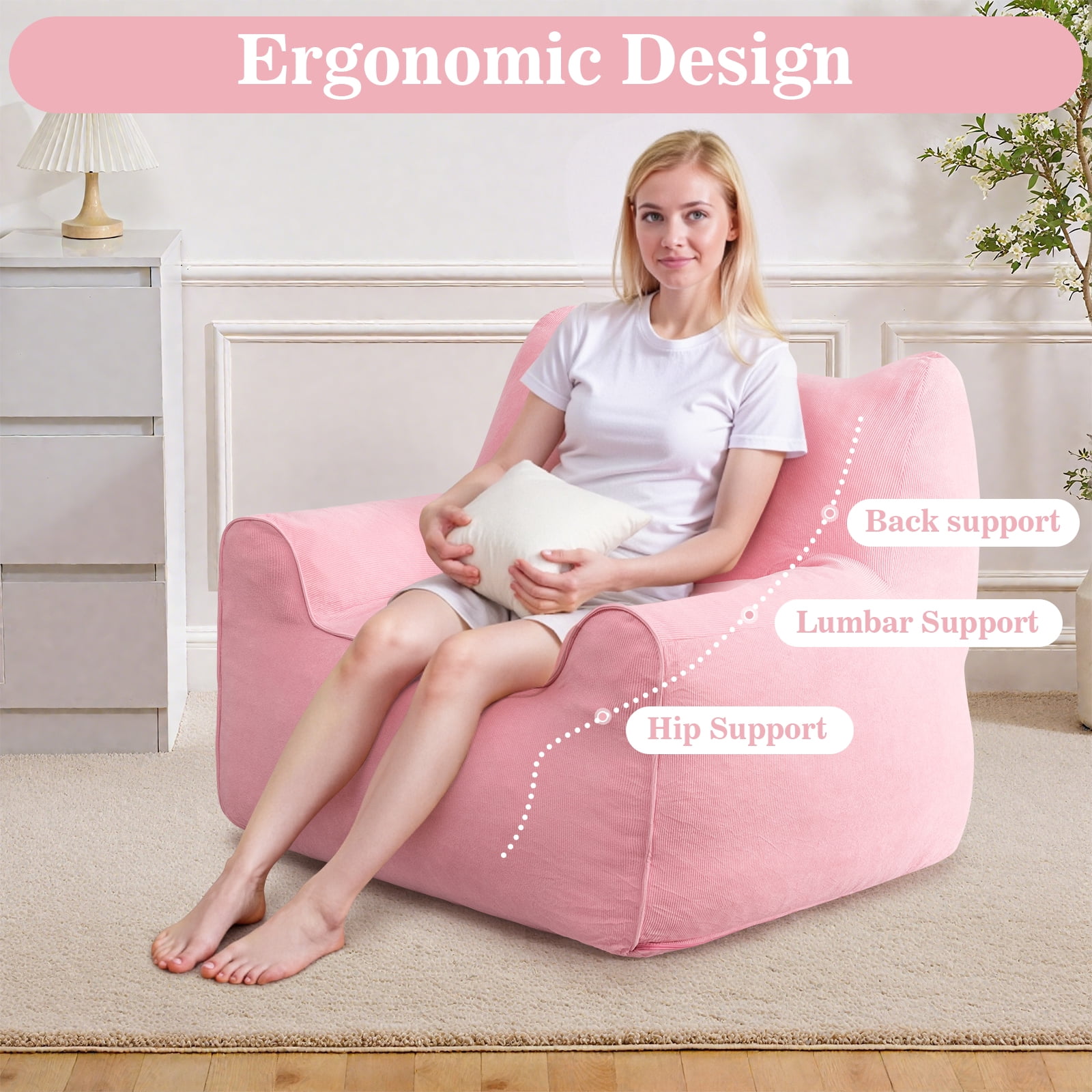 Lusimo Bean Bag Chair for Adults Teens, 3FT Lazy Memory Foam Bean Bag Sofa for Bedrooms, Cat-Ear Design Couch with Corduroy Washable Cover, Lounge Chairs with Pocket for Gaming, Reading, Pink