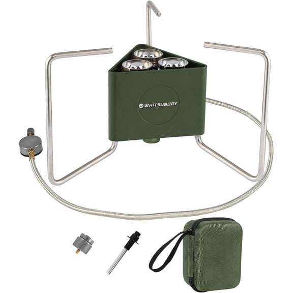 Whitsunday 6800W Camping Stove, 3 Burner Windproof Portable Gas Stove with Fuel Canister Adapter, Piezo Ignition, Carry Case for Outdoor Camping Hiking Green