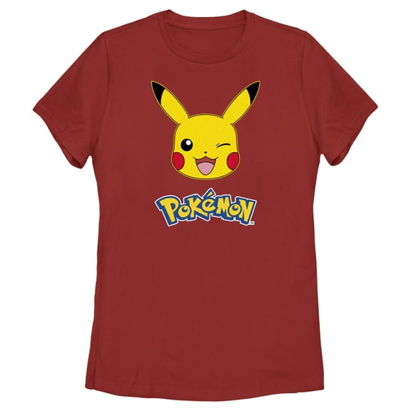Women's Pokemon Logo Pikachu Wink  Graphic Tee Red 2X Large