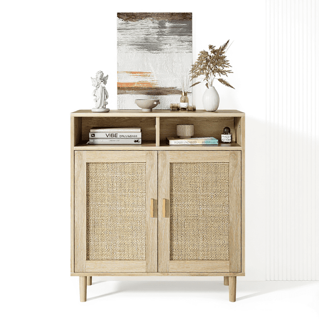 Garvee Buffet de 31,4 Po L avec Rangement, Armoire de Rangement avec 2 Portes Décoratives en Rotin, Tablette, Lot de 1