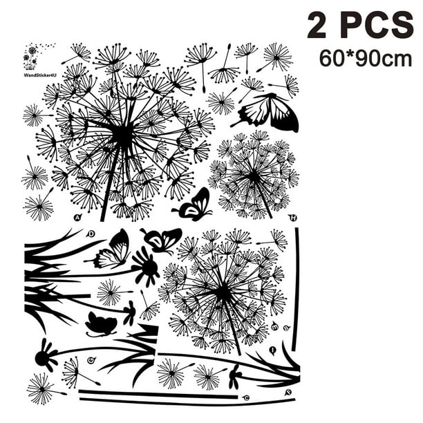 Diente de león negro y mariposas volando en las calcomanías de pared de viento, sala de estar, dormitorio, pegatinas de pared extraíbles, murales Adepaton 2034606-2