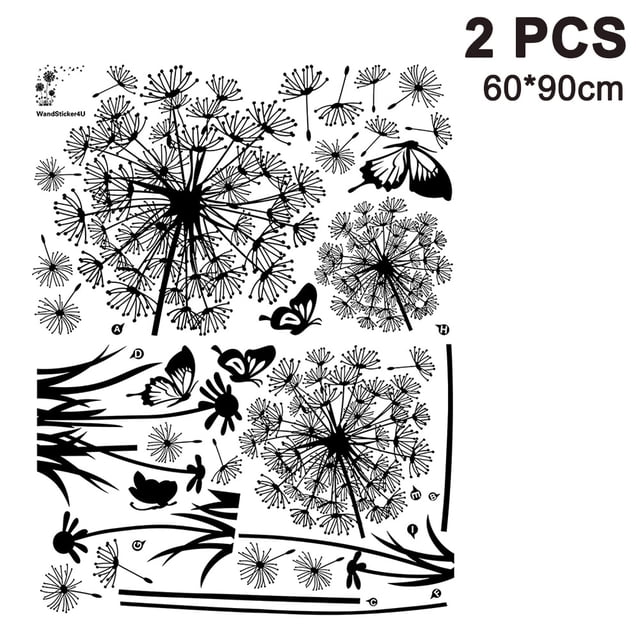 Autorización:Diente de león negro y mariposas volando en las calcomanías de pared de viento, sala de estar, dormitorio, pegatinas de pared extraíbles, murales Adepaton 2034606-2