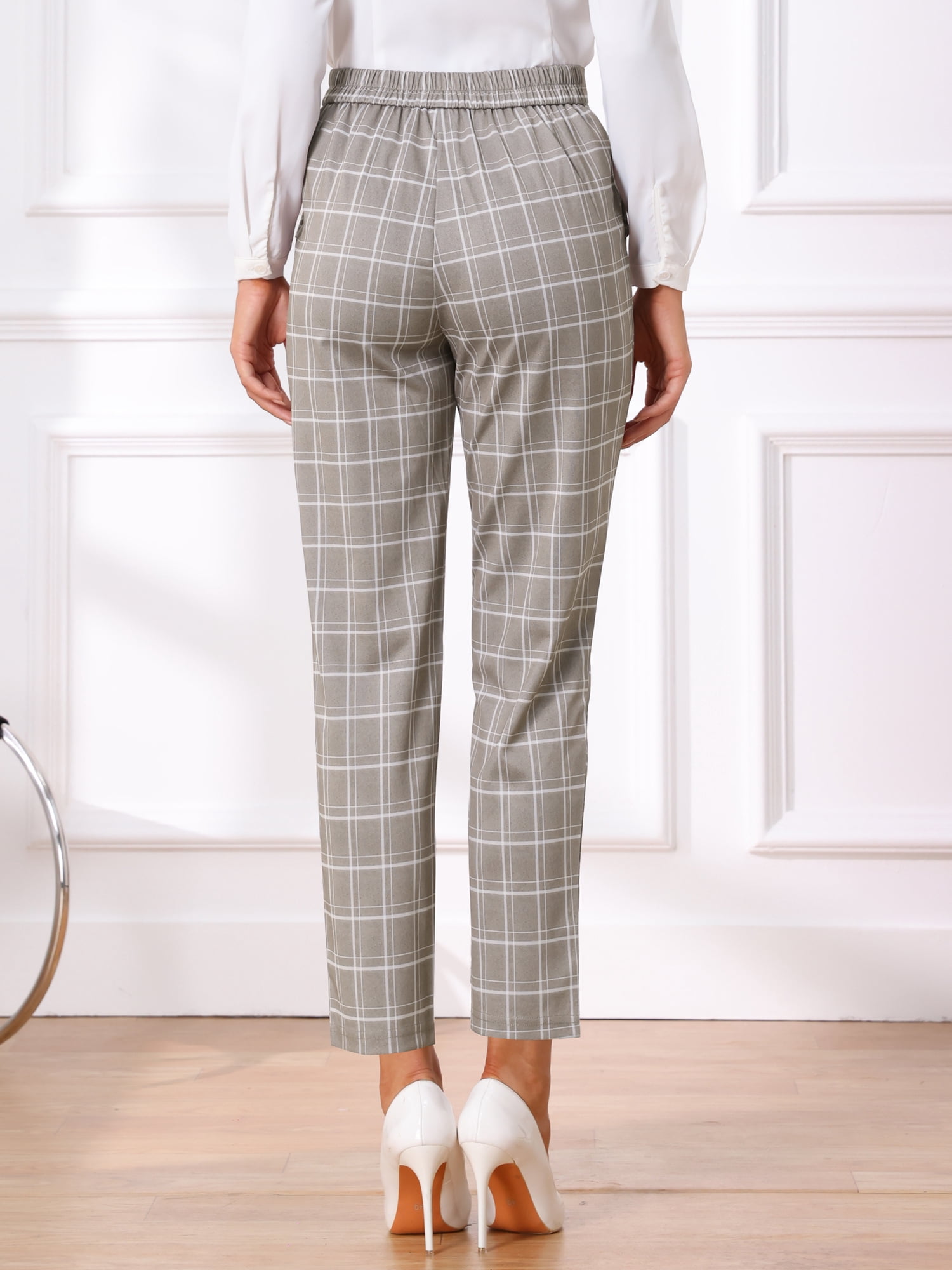 DARING DIVA Women's Tartan Plaid Pants Elastic Waist Straight Long Trousers M Tan