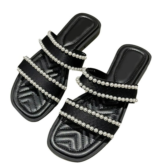 Women Summer Flat Slides Slipper Double Strap Casual Bling Slippers Ladies Soft Sandals Black 37