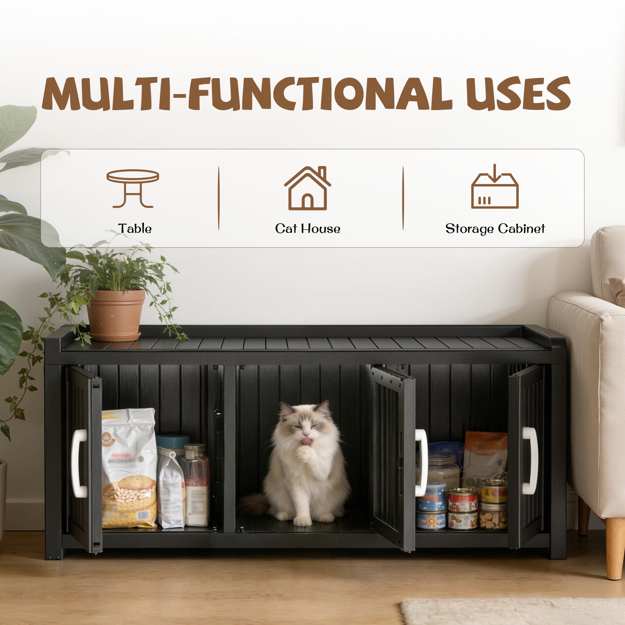 fazzn 2-in-1 Outdoor Cat House & Storage Cabinet, Weatherproof Litter Box Enclosure with Cat Door, Durable Resin Pet Shelter for Indoor, Easy Assembly.(Black),Father's Day Gift