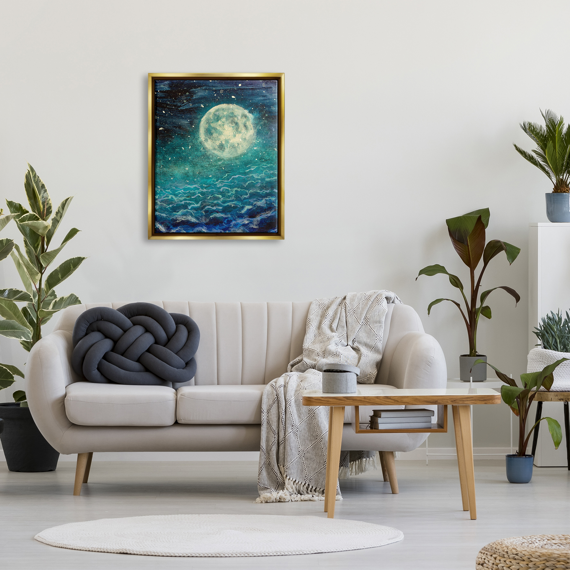 Stupell Industries Surreal Moon & Clouds Nature Painting Gold Floater Framed Art Print Wall Art, 25 x 31