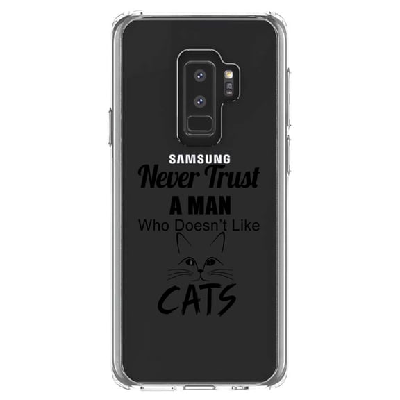 DistinctInk Clear Shockproof Hybrid Case for Samsung Galaxy S9  PLUS (6.2" Screen) - TPU Bumper Acrylic Back Tempered Glass Screen Protector - Never Trust Man Who Doesn't Like Cats