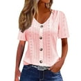 thumbnail image 3 of Wuxian Women Casual Shirt Solid Color Hollow Out Jacquard Short Sleeve Button V-Neckt Shirt Soft Basic Tee Trendy Spring Summer Comfort Fit Breathable Elegant Tops Dailywear,Pink,S, 3 of 8