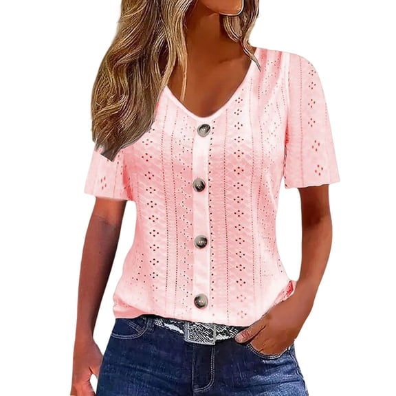 CUZIBR Women Casual Shirt Solid Color Hollow Out Jacquard Short Sleeve Button V-Neckt Shirt Soft Basic Tee Trendy Spring Summer Comfort Fit Breathable Elegant Tops Casual Top Blouse,Pink,L
