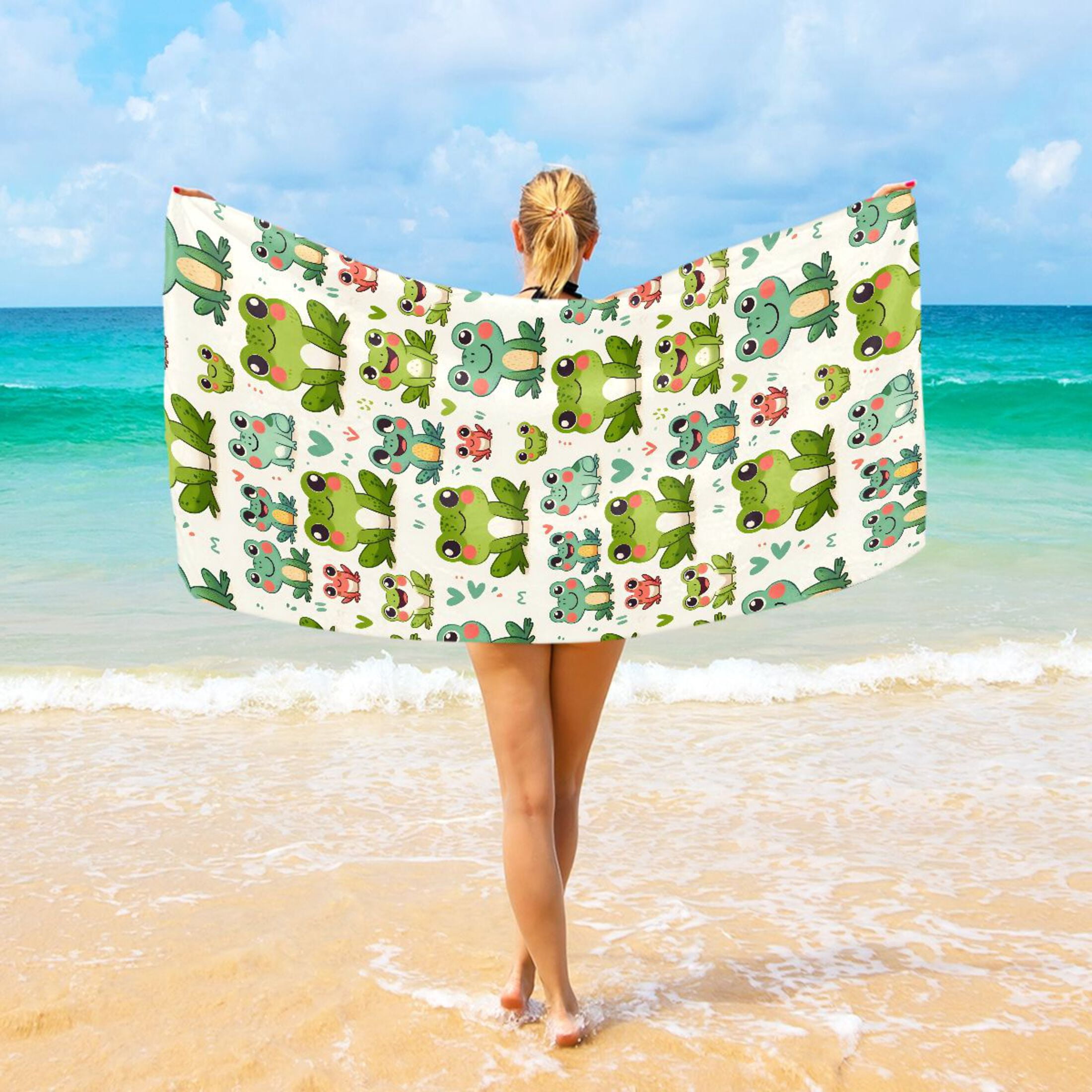 Cute Frogs and Heart Beach Towel Oversized 74"x37" Pool Towels Soft Absorbent Extra Large Quick Drying for Bathroom