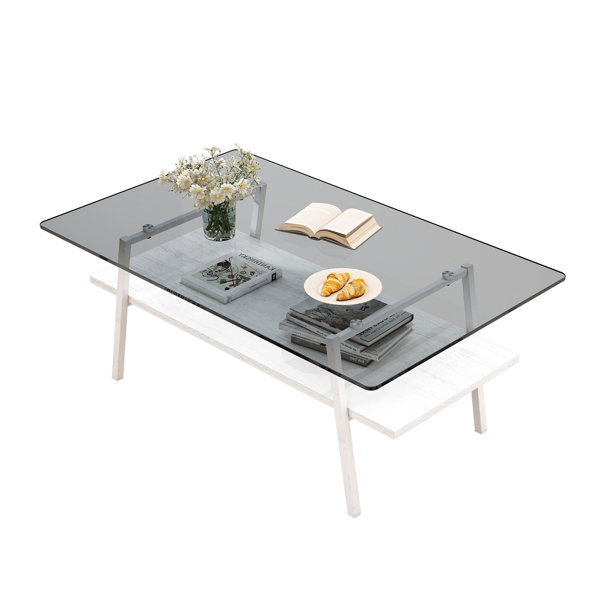 Holaki Glass Coffee Table, Rectangle Tempered Glass Table, 2-Tier Center Table  with Clear Tempered Glass Top Metal Leg, Mordern Home Office Furniture