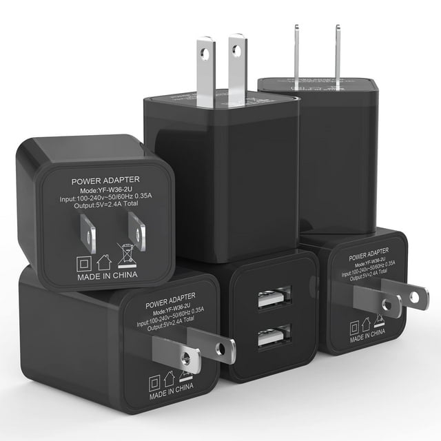 Cargador de pared USB iGenJun de 2,4 A con doble puerto USB, paquete de 6 unidades, negro